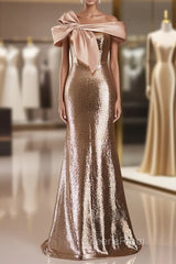 Champagne Mermaid Sequins Off the Shoulder Evening Prom Dress