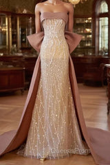 Champagne Mermaid Sequins Strapless Evening Prom Dress