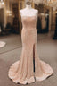 Champagne Mermaid Sequins Strapless Split Evening Prom Dress