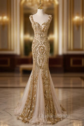 Champagne Mermaid Sequins Straps Evening Dress, Champagne Sequins Evening Prom Dress