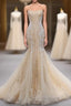 Champagne Mermaid Sequins Tulle Strapless Appliques Evening Prom Dress