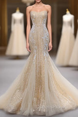 Champagne Mermaid Sequins Tulle Strapless Appliques Evening Prom Dress