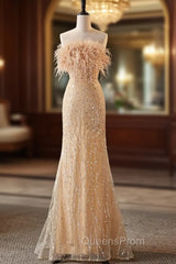 Champagne Mermaid Strapless Sequins Feather Evening Prom Dress