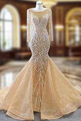 Champagne Mermaid Tulle Long Sleeve Pearls Evening Prom Dress