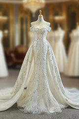 Champagne Mermaid Tulle Off the Shoulder Beading Sequins Evening Prom Dress With Removable Train