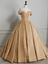 Champagne Off Shoulder Sequin Long Evening Prom Dress, Champagne Evening Dress