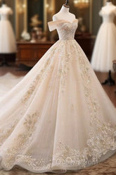 Champagne Off Shoulder Tulle Lace Long Wedding Dress, Wedding Gown Evening Prom Dress