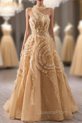 Champagne One Shouder Tulle Evening Prom Dress