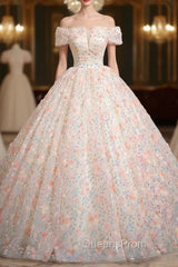 Champagne Pink Flower Sequins Off the Shoulder Quinceanera Dress