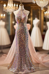 Champagne Pink Mermaid Sequins Beading Evening Prom Dress