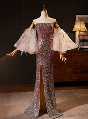 Champagne Pink Sequins Mermaid Strapless Prom Dress