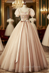 Champagne Pink Tulle Puff Sleeve Quinceanera Dress