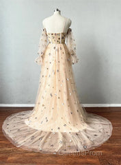 Champagne Puffy Sleeves Tulle Long Evening Dress, Champagne Party Dress Evening Prom Dress