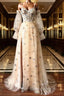 Champagne Puffy Sleeves Tulle Long Evening Dress, Champagne Party Dress Evening Prom Dress