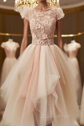 Champagne round neck tulle beads short Evening Prom Dress, homecoming Dress