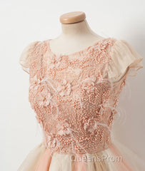 Champagne round neck tulle beads short Evening Prom Dress, homecoming Dress
