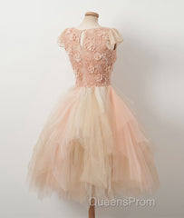 Champagne round neck tulle beads short Evening Prom Dress, homecoming Dress