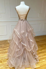 Champagne round neck tulle lace long Evening Prom Dress evening Dress