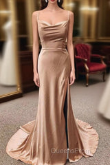 Champagne Satin Mermaid Spaghetti Straps Evening Prom Dress