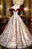 Champagne Satin Print Burgundy Velvet Evening Prom Dress