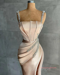 Champagne Satin Straps Beading Mermaid Evening Prom Dress