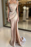 Champagne Satin Straps Beading Mermaid Evening Prom Dress