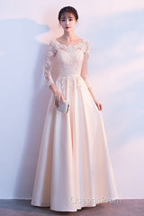 Champagne Satin With Lace Long Sleeves Evening Prom Dress Evening Dress, A-Line Simple Bridesmaid Dress