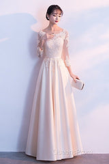 Champagne Satin With Lace Long Sleeves Evening Prom Dress Evening Dress, A-Line Simple Bridesmaid Dress