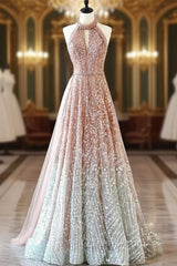 Champagne Sequins Halter Evening Prom Dress