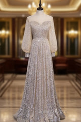 Champagne Sequins Long Sleeve Evening Prom Dress