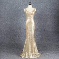 Champagne Sequins Low Back Long Bridesmaid Dress, Mermaid Evening Prom Dress Party Dress