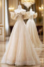 Champagne Sequins Off the Shoulder Bow Evening Prom Dress
