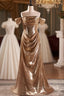 Champagne Sequins Off the Shoulder Pleats Evening Prom Dress