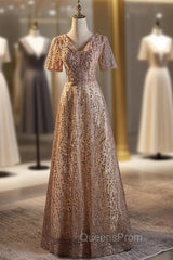 Champagne Sequins Short Sleeve Evening Prom Dress