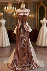 Champagne Sequins Strapless Evening Prom Dress With Bow