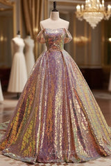 Champagne Sequins Strapless Evening Prom Dress With Train