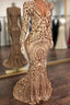 Champagne Sequins V-Neck Long Sleevess Mermaid Evening Prom Dress