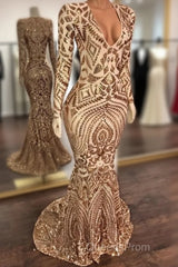 Champagne Sequins V-Neck Long Sleevess Mermaid Evening Prom Dress