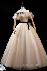 Champagne Shiny Tulle Floor Length Evening Prom Dress, Off the Shoulder Evening Dress