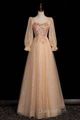 Champagne Short Sleeves Beaded Long Party Dress, A-Line Tulle Evening Prom Dress