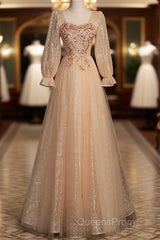 Champagne Short Sleeves Beaded Long Party Dress, A-Line Tulle Evening Prom Dress