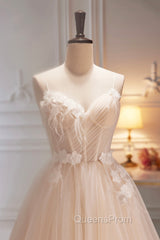 Champagne Spaghetti Strap Tulle Evening Dress with Feathers, Cute A-Line Evening Dress
