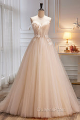 Champagne Spaghetti Strap Tulle Evening Dress with Feathers, Cute A-Line Evening Dress