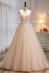 Champagne Spaghetti Strap Tulle Evening Dress with Feathers, Cute A-Line Evening Dress