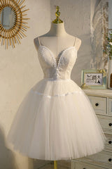 Champagne Spaghetti Straps Lace Short Prom Dress, A-Line Party Dress
