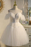 Champagne Spaghetti Straps Lace Short Prom Dress, A-Line Party Dress