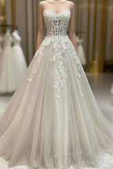 Champagne Strapless Lace Long Evening Prom Dress, A-Line Evening Dress