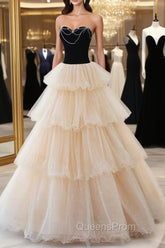 Champagne Sweetheart Neck Tulle Long Evening Prom Dress, Champagne Evening Dress