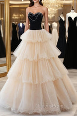 Champagne Sweetheart Neck Tulle Long Evening Prom Dress, Champagne Evening Dress