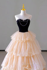 Champagne Sweetheart Tulle Layers Long Party Dress, Strapless A-Line Evening Prom Dress